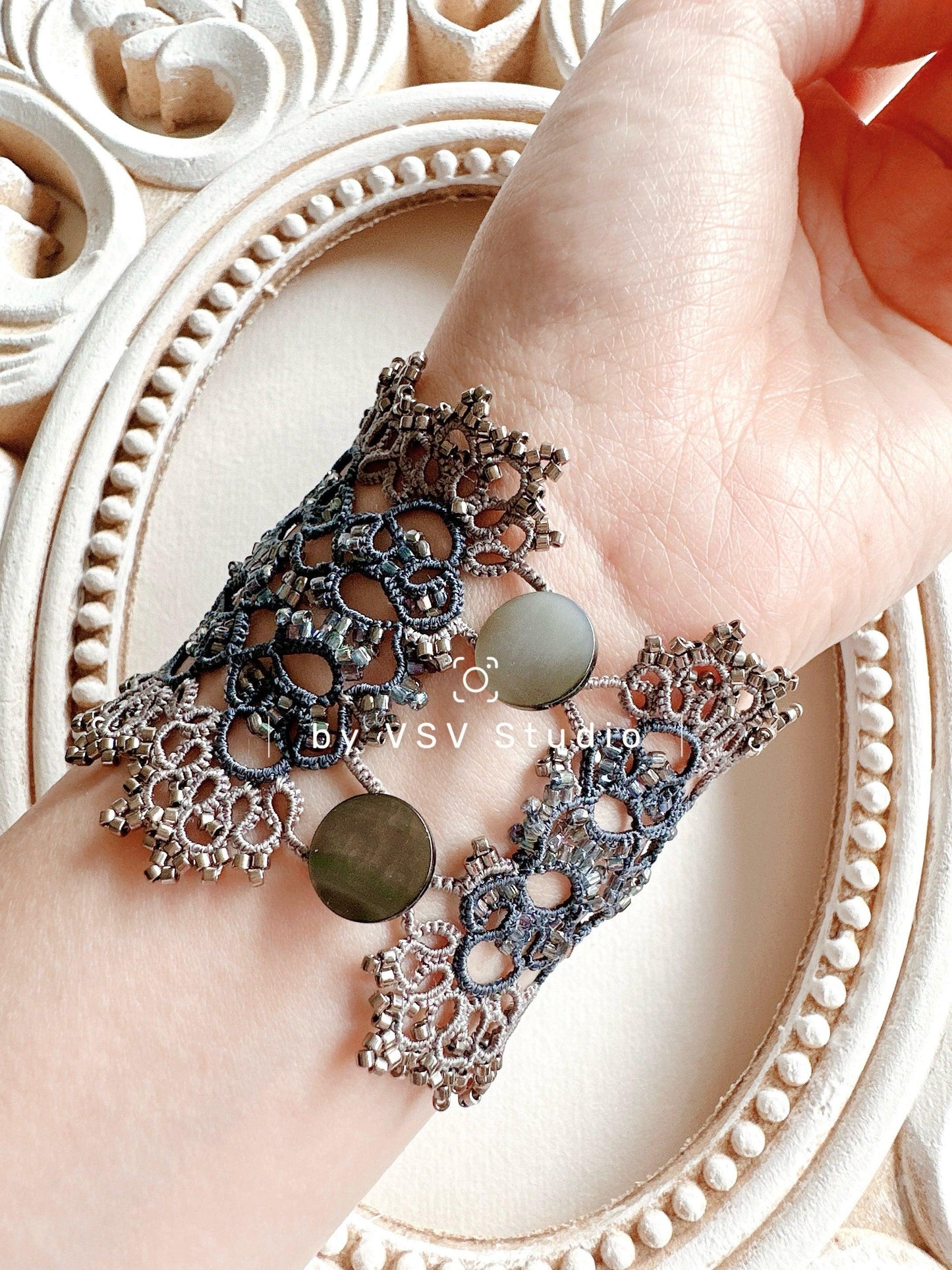 Midnight Silver Tatting Bracelet