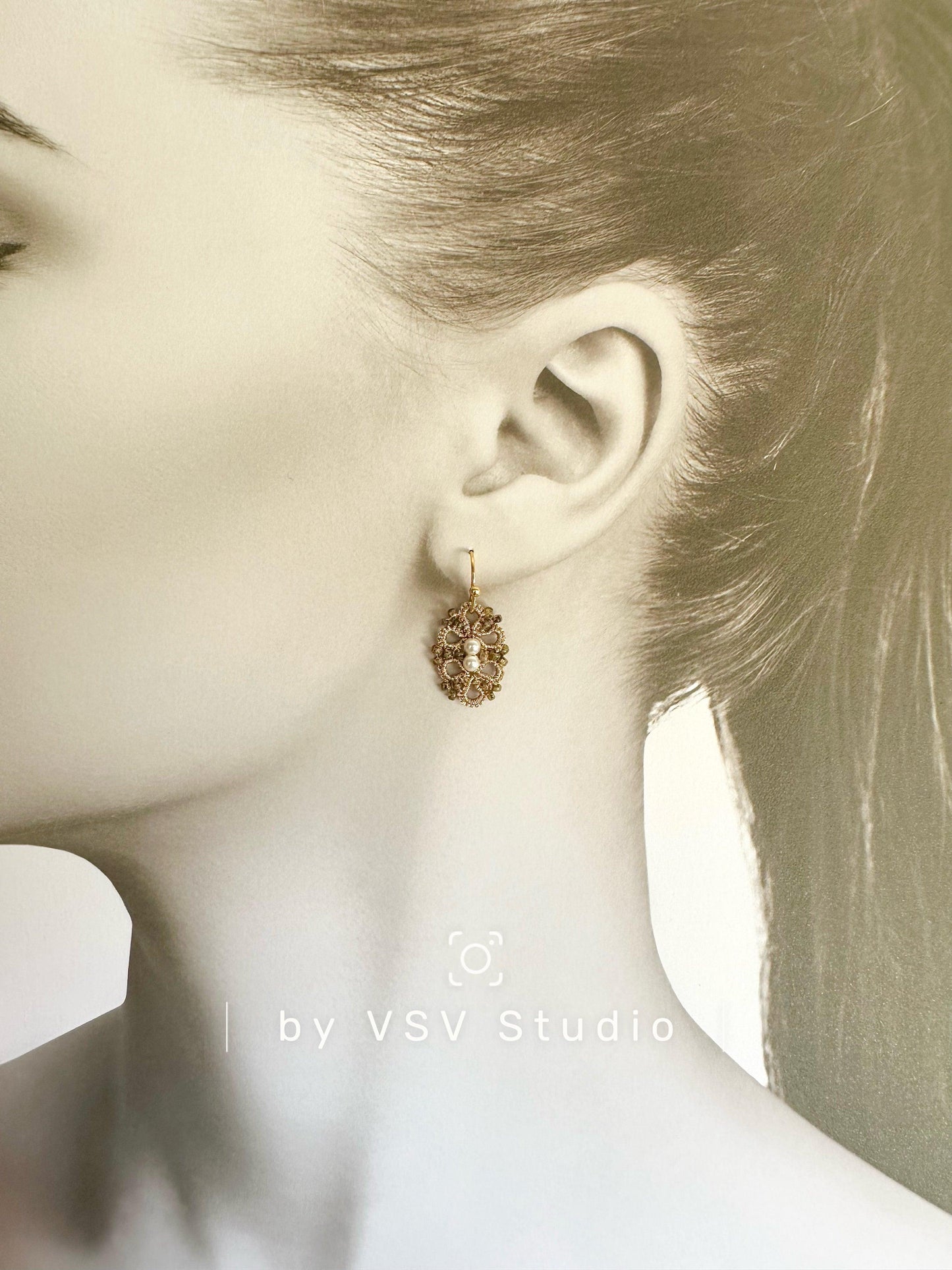 Golden Glow Pearl Tatting Lace Earrings
