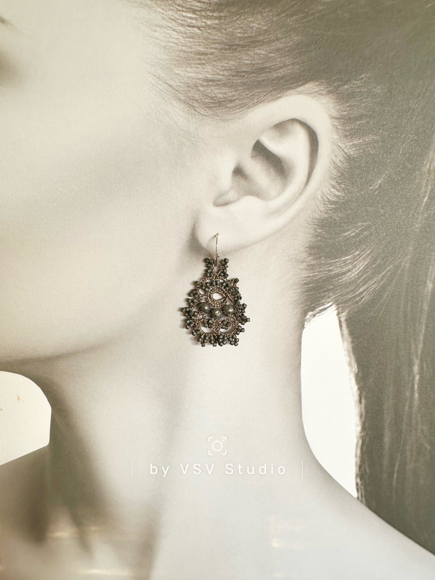 Moonlight Dance Grey Blue Tatting Earrings