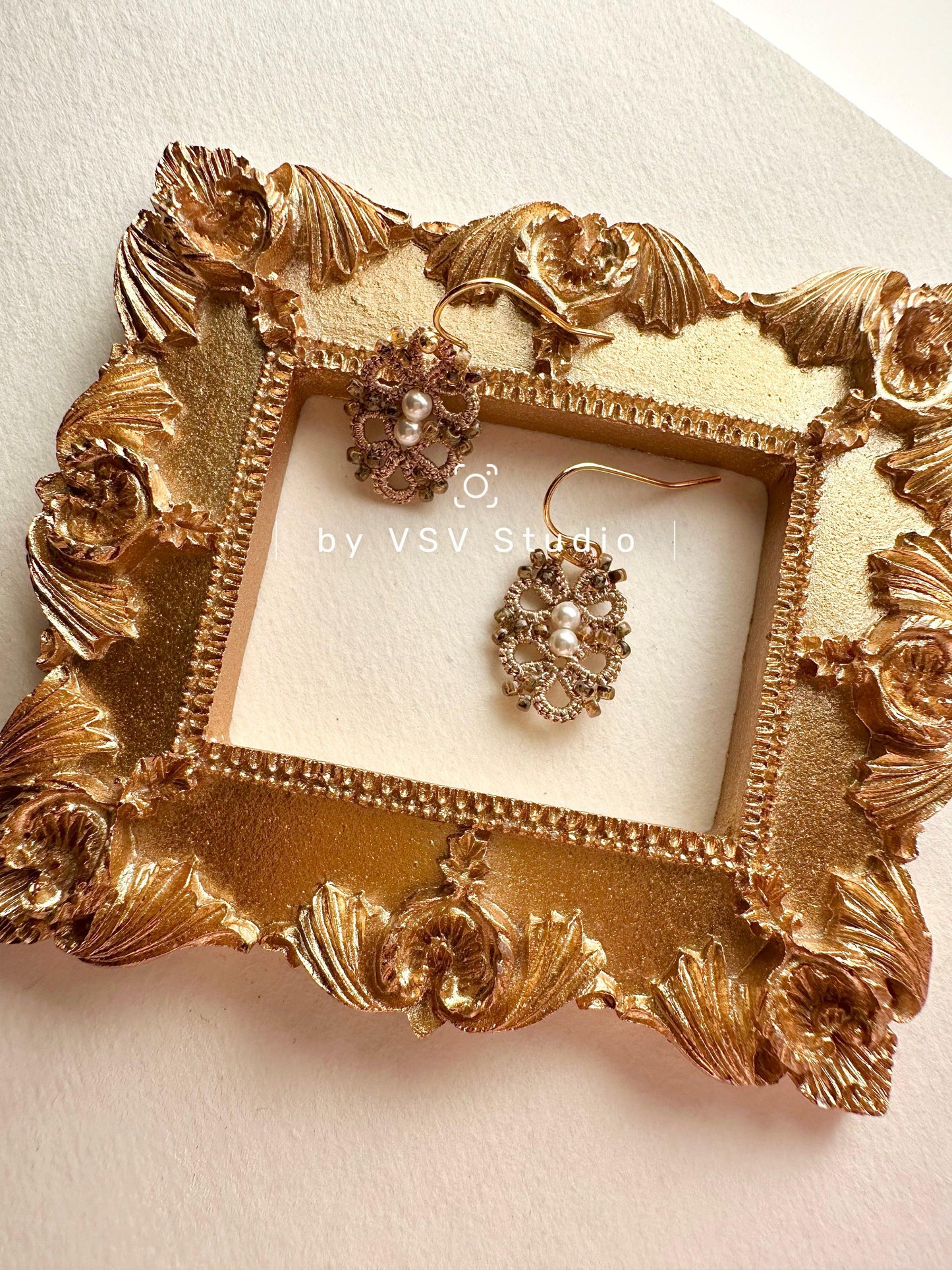 Golden Glow Pearl Tatting Lace Earrings